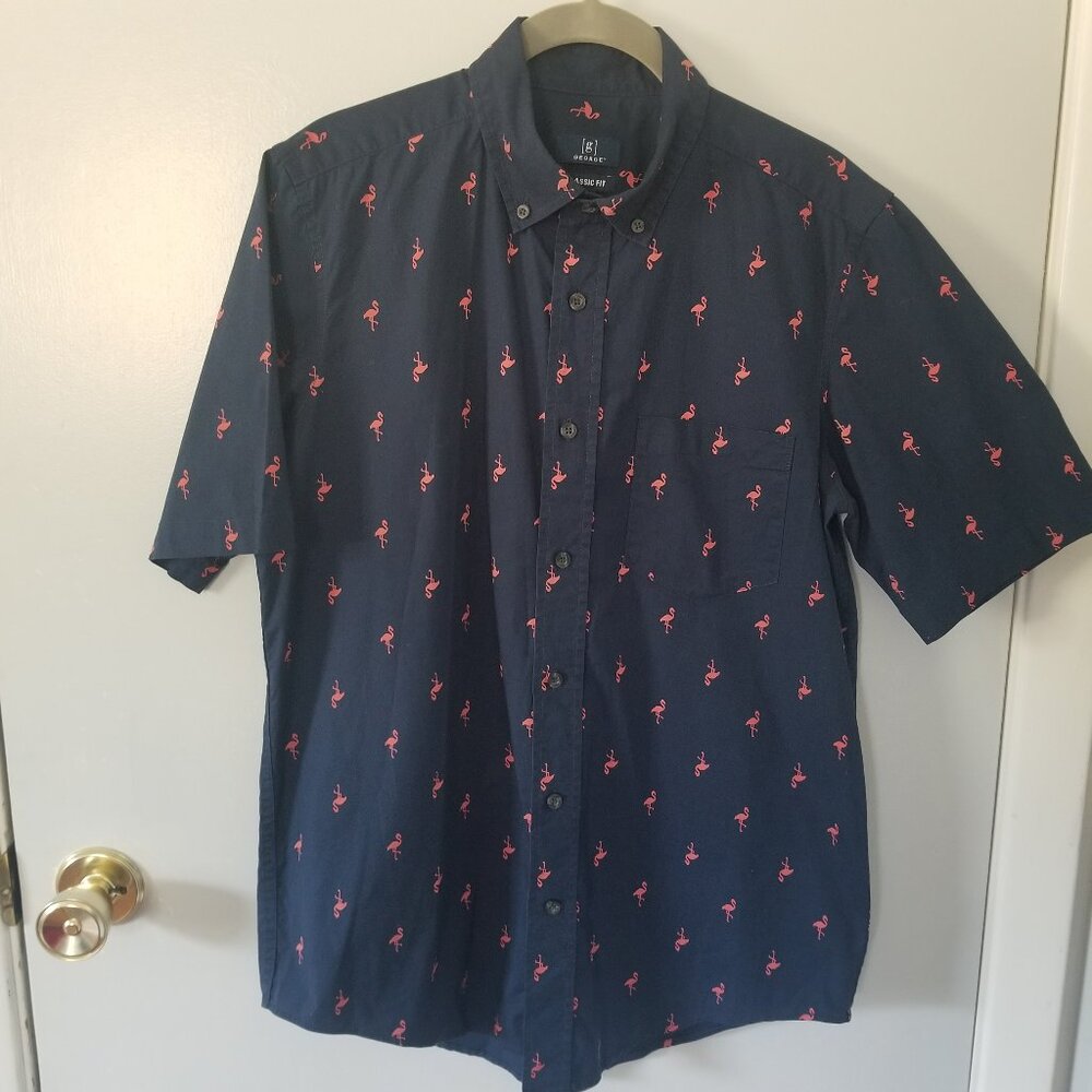 GEORGE Classic Fit navy flamingo button-down shirt S